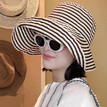 Load image into Gallery viewer, Women's Wide-Brim Striped Sun Hat – UV Protection &amp; Adjustable Fit
