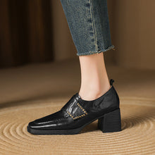 Load image into Gallery viewer, Women's British Style Square Toe Chunky Heel Pumps – Deep Vamp Studded
