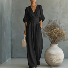 Load image into Gallery viewer, Women's V-Neck Wide-Leg Jumpsuit – High Waist Pleated Elegant
