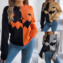Load image into Gallery viewer, Women’s Spooky Pumpkin Contrast Long-Sleeve Pullover Sweater
