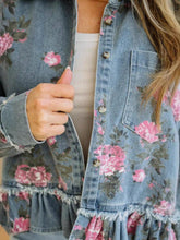 Load image into Gallery viewer, Women's Retro Floral Print Denim Jacket – Long Sleeve Collared Ruffled Hem Short Jacket
