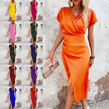 Load image into Gallery viewer, Split V-Neck Bodycon Dress – Slim Fit Short Sleeve Slit Dress
