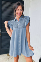 Load image into Gallery viewer, Beau Blue Flutter Sleeve Shirred Button Up Denim Mini Dress
