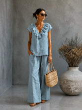 Load image into Gallery viewer, Women's V-Neck Ruffled Hem Top &amp; Wide-Leg Pants Two-Piece Set
