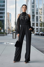 Load image into Gallery viewer, Black Embroidered Women’s Long-Sleeve Wide-Leg Jumpsuit
