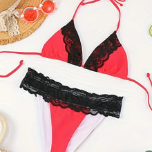 Load image into Gallery viewer, Riviera Glow Color Block Halter Bikini Set for Women – Deep V-Neck Lace Trim Two-Piece Flattering Swimsuit with Adjustable Tie Back &amp; High-Cut Bottoms – Ultra-Stretch Polyamide Swimwear for Confident Summer Style
