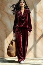 Load image into Gallery viewer, Women's Gold Velvet Cowl Neck Drop-Shoulder Top &amp; Wide-Leg Pants Set – 8 Colors
