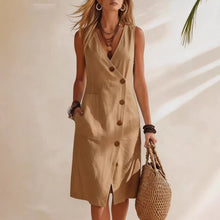 Load image into Gallery viewer, Women's Resort V-Neck Sleeveless Asymmetrical-Button Midi Dress
