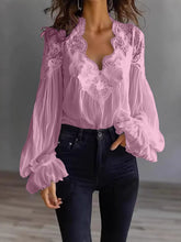 Load image into Gallery viewer, Lace-Panel Puff Sleeve Pleated Ruffle Shirt | Ballet Style

