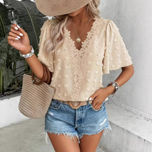 Load image into Gallery viewer, Women's V-Neck Lace-Trim Swiss Dot Short-Sleeve Top – Casual Loose Fit
