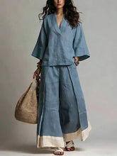 Load image into Gallery viewer, Women's Cotton-Linen V-Neck 3/4 Sleeve Shirt &amp; Wide-Leg Pants Set
