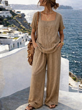 Load image into Gallery viewer, Women's Square-Neck Short-Sleeve Pantsuit – Cotton Blend Two-Piece Set
