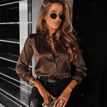 Load image into Gallery viewer, Women's Drapey Satin Lapel Shirt Long Sleeve
