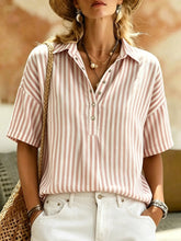 Load image into Gallery viewer, Women's Striped Short-Sleeve Shirt with Turn-Down Collar
