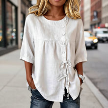 Load image into Gallery viewer, Women's Lace-Up Button Shirt – 3/4 Sleeve Asymmetric
