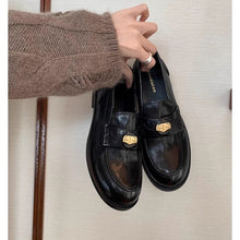 Load image into Gallery viewer, Women's British-Style Gold Coin Loafers | Block Heel Leather Slip-Ons
