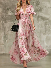 Load image into Gallery viewer, Women's Deep V-Neck Ruffle Sleeve Printed Maxi Dress – High Waist
