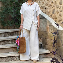 Load image into Gallery viewer, Striped Shirt &amp; Loose Pants Set – Three-Quarter Sleeve Two-Piece
