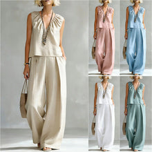 Load image into Gallery viewer, Women's Sleeveless Cotton-Linen Shirt &amp; Pants Set – Urban 2-Piece
