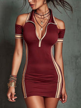 Load image into Gallery viewer, Women's Elastic Contrast Stripe Tight Mini Dress – High Waist Zipper
