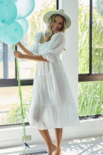 Load image into Gallery viewer, New Summer Dot Flounce Sleeve Smocked Tiered Midi Dress – Fluttering, Charming Swiss Dot Dress with Flounce Sleeves, Smocked Waist, and Tiered Design
