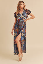 Load image into Gallery viewer, Lace Detail Slit Geometric Print Short Sleeve Comfortable Maxi Dress For Women, Elegant Lace, Alluring Slit, Sophisticated Geometric Print for Casual &amp; Dressy Occasions

