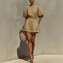 Load image into Gallery viewer, Women's Puff-Sleeve Top &amp; Cropped Shorts Set – Casual Chic
