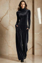 Load image into Gallery viewer, Women's Velvet Mock Turtleneck Chevron-Seam Fitted Bodice Balloon-Leg Jumpsuit
