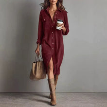 Load image into Gallery viewer, Women's Corduroy Long Sleeve Shirt Dress – Turn-Down Collar Button Front Midi with Pockets
