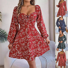 Load image into Gallery viewer, Fashion Floral Print Lantern Sleeve Dress Casual Sexy Tie Square Neck Long Sleeve A-Line Dress Women's Clothing

