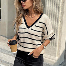 Load image into Gallery viewer, Women’s Striped V-Neck Sweater with Back Bow
