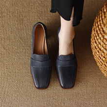 Load image into Gallery viewer, Women's Sheepskin Square Toe Chunky Heel Pumps – Retro High Heel Dress Shoes
