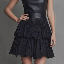 Load image into Gallery viewer, Black PU Leather Spliced Mini Dress – Sleeveless Double-Layer Ruffle Hem
