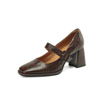 Load image into Gallery viewer, Women's Sheepskin Mary Jane Heels – Square Toe Chunky Heel Buckle Pumps

