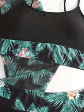 Load image into Gallery viewer, Bikini 3 Piece Tropical Print Swimsuit Set – High Stretch Comfortable Women's Bikini with Crew Neck Mesh Cover-Up – Chic Vacation Beachwear for Summer Casual Style &amp; Poolside Glamour
