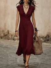 Load image into Gallery viewer, Women's V-Neck Cotton-Linen Flutter-Sleeve Ruffle-Trim Midi Dress
