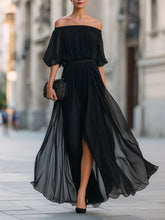 Load image into Gallery viewer, Women's One-Shoulder Ruffle Sleeve Chiffon Maxi Dress | Side Split High Waist Dress in 3 Colors
