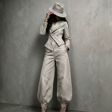 Load image into Gallery viewer, Women's Washed Distressed Denim Asymmetric Double-Breasted Jacket &amp; Balloon-Leg Trouser Set
