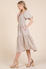 Load image into Gallery viewer, New Floral Embroidered Smocked Puff Sleeve Tiered Midi Dress For Women Elegant,Charming and Feminine Floral Embroidered Midi Dress with Puff Sleeves and Tiered Design
