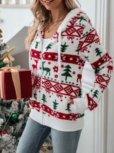 Load image into Gallery viewer, White Drawstring Christmas Element Zip-Up Hooded Jacket Winter Cute Stylish Holiday Outerwear For Her
