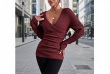 Load image into Gallery viewer, Women's Off-Shoulder Crossover Knit Sweater – Slim Fit Long Sleeve
