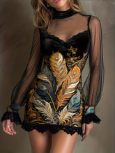 Load image into Gallery viewer, Women's Lace Trim Printed Tulle Bodycon Mini Dress with Bubble Sleeves
