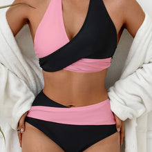 Load image into Gallery viewer, Bikini Black and White Contrast Color Criss Cross Neck 2 Piece Swimsuit for Women – Stylish Medium Stretch Two-Tone Bikini Set with Unique Neckline and Flattering Fit – Modern Swimwear for Beach Days, Pool Lounging, and Summer Escapes
