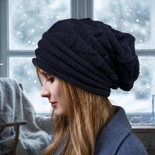 Load image into Gallery viewer, Wool Pleated Cuffed Knit Beanie – Flat Top Grid Pattern Winter Hat
