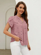 Load image into Gallery viewer, Women's V-Neck Heart Print Blouse – Petal Sleeve Pleated Front Elegant Top
