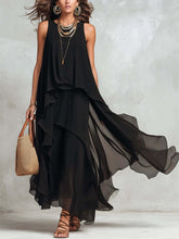 Load image into Gallery viewer, Asymmetrical Ruffle Mesh Chiffon Sleeveless Maxi Dress – Black, XS–XXL
