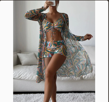Load image into Gallery viewer, Mesh Cover-Up Three-Piece Swimwear Set – Bikini with Leg-Length Briefs
