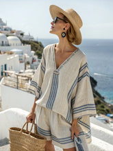 Load image into Gallery viewer, Women's Striped Linen V-Neck Top &amp; Shorts Set with Embroidered Neckline
