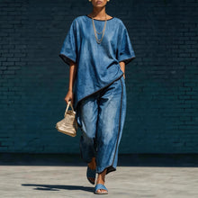 Load image into Gallery viewer, Women's Denim-Style Knit Top &amp; Wide-Leg Pants Set – Casual 2-Piece
