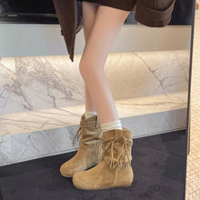 Load image into Gallery viewer, Suede Fringe Round Toe Boots with Block Heel
